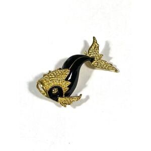 Koi Fish Brooch Black Enamel Gold Tone Vintage Unmarked